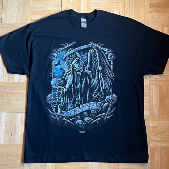 Mens 'We Meet Again' Skull Reaper Black T-Shirt Short Sleeve - Picture 5 of 6